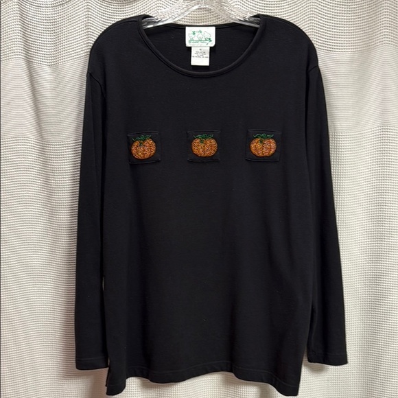 Quacker Factory Pumpkin beaded Black Long Sleeve Tee SZ 1X seed beads bling fall - Picture 1 of 6
